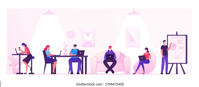 Business People Characters Working and Relaxing in Coworking Area or Creative Office at Covid19 Quarantine. Teamwork Communication, Digital Technologies and Crowdsourcing. Cartoon Vector Illustration