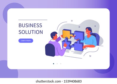 Business People Characters working Together and connecting Puzzle Pieces. Man and Woman assemble Jigsaw Puzzle. Team Metaphor and Business Solution. Teamwork Concept. Flat Cartoon Vector Illustration.