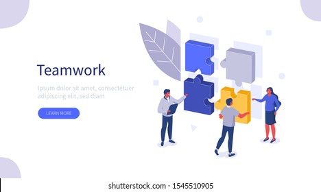 Business People Characters working Together and connecting Puzzle Pieces. Man and Woman assemble Jigsaw Puzzle. Team Metaphor, Business Solution. Teamwork Concept. Flat Isometric Vector Illustration.