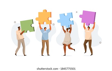 Business People Characters working Together and connecting Puzzle Pieces. Man and Woman assemble Jigsaw Puzzle. Team Metaphor and Business Solution. Teamwork Concept. Flat Cartoon Vector Illustration.