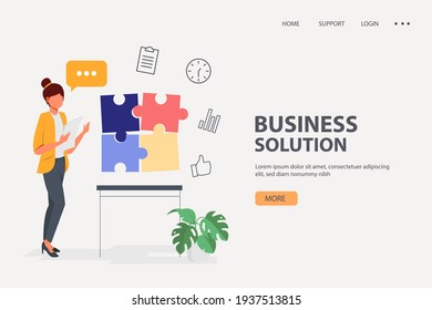 Business People Characters working Together and connecting Puzzle Pieces. Woman assemble Jigsaw Puzzle. Business Solution. Vector Illustration.