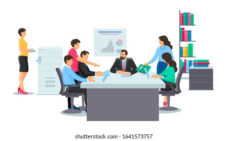 Business people characters workplace. Group people colleagues employees them business meeting in office, teamwork, discussion, training employees, meeting on coffee break cartoon vector illustration