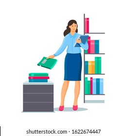 Business people characters workplace. Woman accountant sorts documents and folding them into different shelves cartoon vector illustration