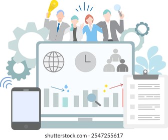 Geschäftsleute mit Diagramm und Grafiken Web-Icons Illustration -Geschäftsmann arbeitet in einem Team - Oshare Laylast Vektor Material