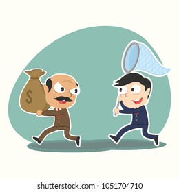 Business People Chasing Boss With Stolen Salary 