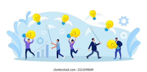 Business people chasing, catch flying light bulb with butterfly net. Capture new business ideas, search for innovation or creativity, brainstorm, invent new project. Motivated employee seek solution 