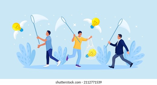 Business people chasing, catch flying light bulb with butterfly net. Capture new business ideas, search for innovation or creativity, brainstorm, invent new project. Motivated employee seek solution 