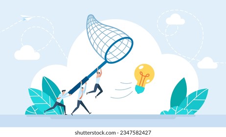 Business people chasing flying fight bulb. Inspiration concept. New creative idea thinking process, ideation for solution or innovation, development or learn skills concept. Vector illustration