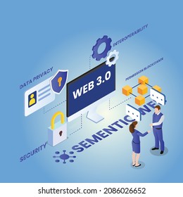 Business people chatting on web 3.0 isometric 3d vector concept for banner, website, illustration, landing page, flyer, etc.