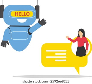 Business people chatting with robot, asking questions and receiving answers. Robot with artificial intelligence says "hello". AI assistant support. Modern vector illustration in flat style



