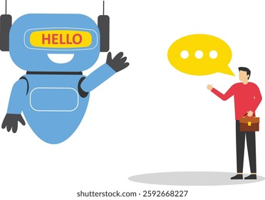 Business people chatting with robot, asking questions and receiving answers. Robot with artificial intelligence says "hello". AI assistant support. Modern vector illustration in flat style


