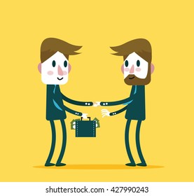 Business people check hand with a lot of money. Concept of big deal, success, partnership, growth business and corruption. flat character design and elements. vector illustration