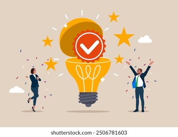 Business people check quality. Quality Control to check quality and giving certified or approval, process to assure excellence product and service delivery, guarantee. Flat  vector illustration