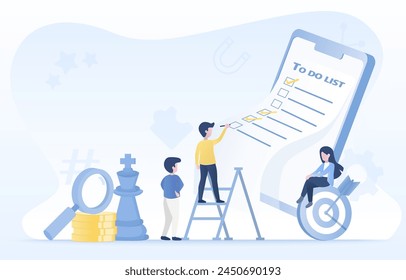 Business people checking checklist, to do list, task, planning work, assignment, reminder. Improvement and development to achieve success.  Flat vector design illustration with copy space. 