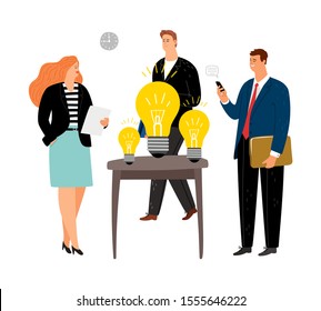 Business people choose ideas. Business team at office. Brainstorm, effective working day. Flat cartoon vector characters