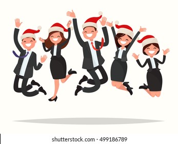 Business people in Christmas hats are  jumped. Vector illustration of a flat design