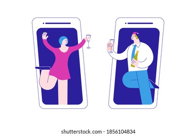 Business people at a Christmas and New Year corporate online party by smartphone. Happy friends with glasses of champagne having fun time together. Flat Art Vector Illustration