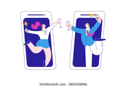 Business people at a Christmas and New Year corporate online party by smartphone. Happy friends with glasses of champagne having fun time together. Flat Art Vector Illustration