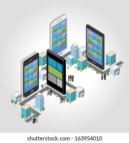 Business people in a city with smart phones