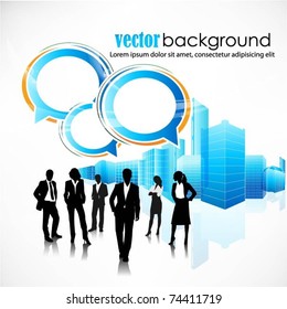 business people in the city with speech bubbles-vector background
