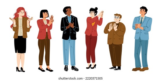 Business people clap hands, applaud. Diverse characters of team cheer for agreement, good job or success. Concept of applause, support, positive appreciation, vector hand drawn illustration