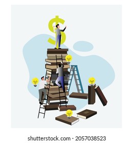 Business people climb books of knowledge to reach dollar