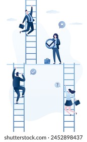 Business people climb career ladders. Stages of business career development. Winners and losers, corporate competition. White collar workers, successful employees. Leadership. Flat vector illustration