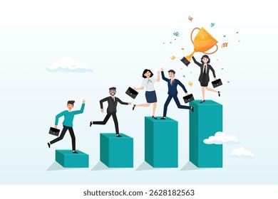 Business people climb up growth graph, team growth, growing business success, employee engagement, career progress, achievement or challenge, corporate ladder, motivation to win together concept