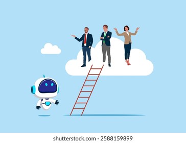 Business people climb up ladder up the cloud with no space left for robot. Gap, people domination in company executive board,  inequality in management position. Flat vector illustration.