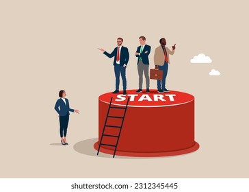 Business people climb up ladder up the on start button. Start doing business, over the project or working. Flat vector illustration