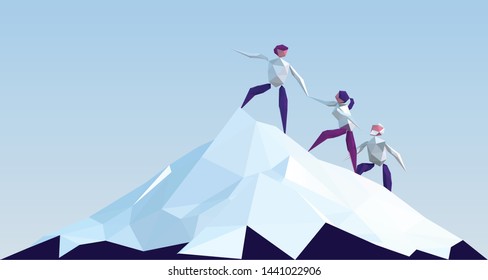 Business People Climb to the Top of the Mountain. Business Concept of Leadership and Teamwork. Leader Helps the Team to Climb the Cliff and Reach the Goal. Low Poly Vector 3D Rendering