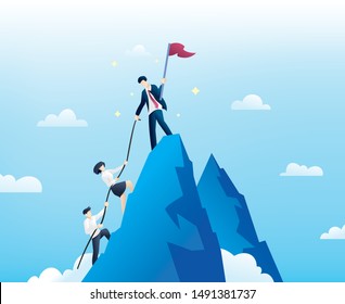 Business people climb to the top of the mountain. Concept business and success. Leader helps the team to climb the cliff and reach the goal. Business concept of leadership and teamwork