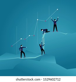 business people climb to the top of the mountain, leader helps the team to climb the cliff and reach the goal, business concept of leadership and teamwork