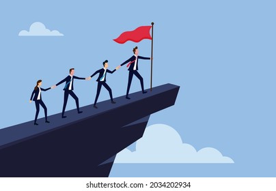 Business people climb to the top of mountain, leader helps the team to climb the cliff and reach the goal