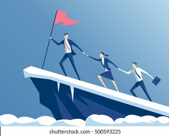 business people climb to the top of the mountain, leader helps the team to climb the cliff and reach the goal, business concept of leadership and teamwork