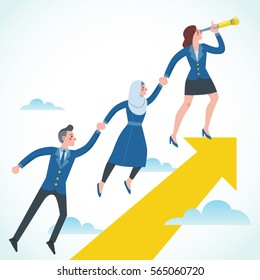Business people climb to the top of the mountain, Business woman leader helps the team to climb the cliff and reach the goal, business concept of leadership and teamwork