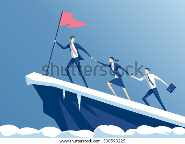 business people climb to the top of the\
mountain, leader helps the team to climb the cliff and reach the\
goal, business concept of leadership and\
teamwork