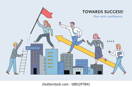 Business people are climbing the building like stairs. People are following the lead with flags. flat design style minimal vector illustration.