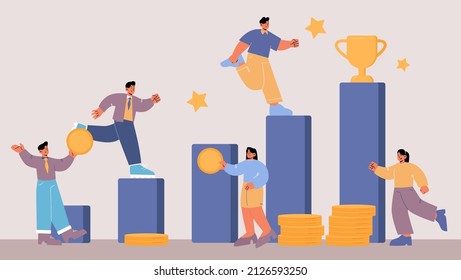 Business people climbing up financial graph stairs with golden cup on top. Way to success, challenge and leadership concept. Career ladder, characters teamwork cooperation Line art vector illustration