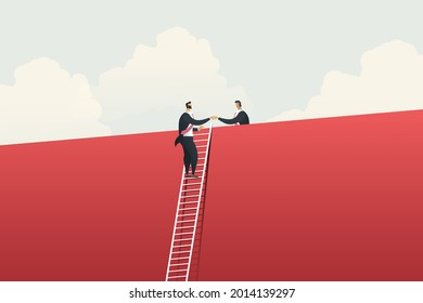 Business people climbing ladder shaking hands through cooperation Businessman on big red wall. illustration vector