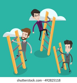 Business people climbing the ladders. Businessmen climbing on the cloud. Businessmen climbing to success. Concept of success, competition in business. Vector flat design illustration. Square layout.