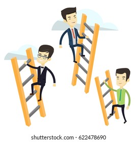 Business people climbing the ladders. Business men climbing on cloud. Business men climbing to success. Concept of competition in business. Vector flat design illustration isolated on white background