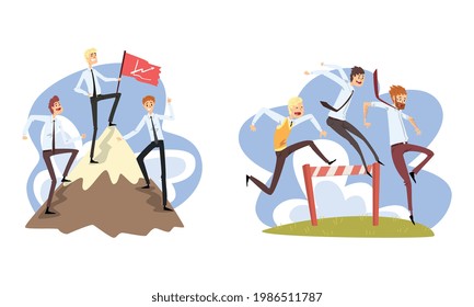 Business People Climbing up Mountain to Success and and Overcoming Obstacles Set, Career, Leadership, Challenge, Competition Cartoon Vector Illustration