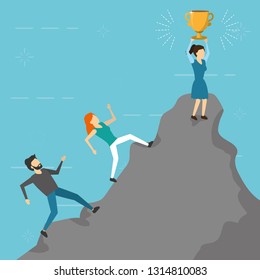 business people climbing mountain trophy