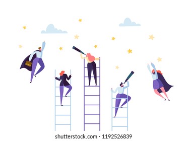 Business People Climbing on Ladder to Success. Competition Career Achieving the Goal Concept. Businessman and Businesswoman Flying to Stars. Vector illustration