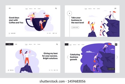 Business People Climbing on Mountain, Office Workers on Coffee Break Website Landing Page Set, Characters Sit on Huge Cup Drinking Beverage, Teamwork Web Page. Cartoon Flat Vector Illustration, Banner