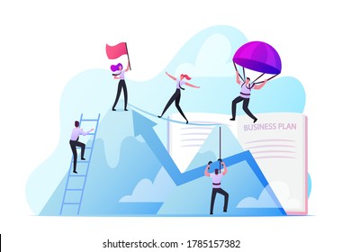 Business People Climbing On Mountain Peak, Walking On Rope, Falling With Parachute. Characters New Heights, Team Work, Working Together For Goal Achievement Concept. Cartoon People Vector Illustration