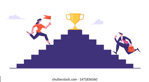 Business People Climbing Stairs with Golden Goblet on Top. Businessman and Woman with Flag Take Part in Business Competition. Goal Achievement, Success, Leadership. Cartoon Flat Vector Illustration