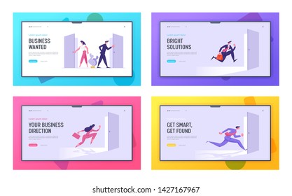 Business People Climbing Stairs to Success Landing Page Set. Man and Woman Characters. Business Competition, Goal Achievement, Creative Idea Concept Web banner. Vector flat cartoon illustration