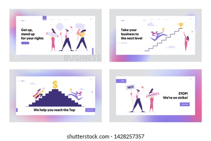 Business People Climbing Stairs to Success Landing Page Set. Man and Woman Characters. Business Competition, Goal Achievement, Creative Idea Concept Web banner. Vector flat cartoon illustration